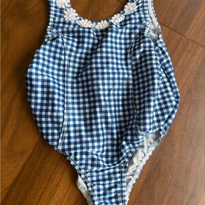 24 Months Baby Blue Gingham One-Piece Swimsuit with Floral Detail